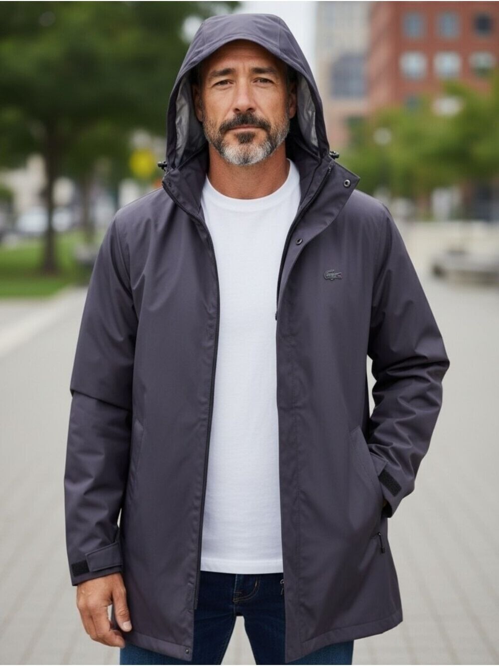 Lacoste Men's Black Single-Breasted Rain Jacket Trench Coat Small Detached Hood